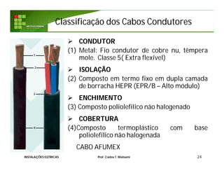 Classificação dos Cabos CondutoresClassificação dos Cabos Condutores
 CONDUTOR
(1) Metal: Fio condutor de cobre nu, têmpera
mole. Classe 5( Extra flexível)
 ISOLAÇÃO
(2) Composto em termo fixo em dupla camada
de borracha HEPR (EPR/B – Alto módulo)
 ENCHIMENTO
(3) Composto poliolefílico não halogenado
 COBERTURA
(4)Composto termoplástico com base
poliolefílico não halogenada
CABO AFUMEX
24INSTALAÇÕES ELÉTRICAS Prof. Carlos T. Matsumi
 