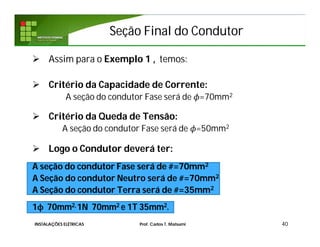 Seção Final do CondutorSeção Final do Condutor
 Assim para o Exemplo 1 , temos:
 Critério da Capacidade de Corrente:
A seção do condutor Fase será de =70mm2
 Critério da Queda de Tensão:
A seção do condutor Fase será de =50mm2
 Logo o Condutor deverá ter:
A seção do condutor Fase será de #=70mm2
A Seção do condutor Neutro será de #=70mm2
A Seção do condutor Terra será de #=35mm2
1ϕ 70mm2, 1N 70mm2 e 1T 35mm2.
40INSTALAÇÕES ELÉTRICAS Prof. Carlos T. Matsumi
 