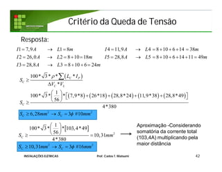 Critério da Queda de TensãoCritério da Queda de Tensão
Resposta:
42
1 7,9 1 8 4 11,9 4 8 10 6 14 38
2 26,0 2 8 10 18 5 28,8 5 8 10 6 14 11 49
3 28,8 3 8 10 6 24
I A L m I A L m
I A L m I A L m
I A L m
         
            
     
 
         
2 2
100* 3* * *
*
1
100* 3* * 7,9*8 26*18 28,8*24 11,9*38 28,8*49
56
4*380
6,28 3 #10
C P
C
C L
C
C C
L I
S
V V
S
S mm S mm




 
       
 
  

INSTALAÇÕES ELÉTRICAS Prof. Carlos T. Matsumi
 
2
2 2
1
100* 3* * 103,4*49
56
10,31
4*380
10,31 3 #16
C
C C
S mm
S mm S mm
 
 
  
  
Aproximação -Considerando
somatória da corrente total
(103,4A) multiplicando pela
maior distância
 