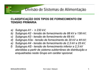 Divisão de Sistemas de Alimentação
5INSTALAÇÕES ELÉTRICAS Prof. Carlos T. Matsumi
CLASSIFICAÇÃO DOS TIPOS DE FORNECIMENTO EM
TENSÃO PRIMÁRIA
a) Subgrupo A1 - ≥ 230 kV;
b) Subgrupo A2 - tensão de fornecimento de 88 kV a 138 kV;
c) Subgrupo A3 - tensão de fornecimento de 69 kV;
d) Subgrupo A3a - tensão de fornecimento de 30 kV a 44 kV;
e) Subgrupo A4 - tensão de fornecimento de 2,3 kV a 25 kV;
f) Subgrupo AS - tensão de fornecimento inferior a 2,3 kV
atendidas a partir de sistema subterrâneo de distribuição e
enquadradas neste Grupo em caráter opcional.
 