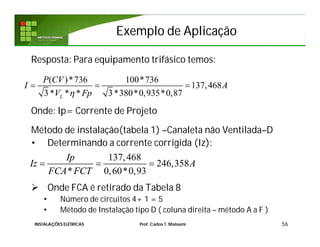 Exemplo de AplicaçãoExemplo de Aplicação
Resposta: Para equipamento trifásico temos:
Onde: Ip= Corrente de Projeto
Método de instalação(tabela 1) –Canaleta não Ventilada–D
• Determinando a corrente corrigida (Iz):
 Onde FCA é retirado da Tabela 8
• Número de circuitos 4+ 1 = 5
• Método de Instalação tipo D ( coluna direita – método A a F )
56
137,468
246,358
* 0,60*0,93
Ip
Iz A
FCA FCT
  
( )*736 100*736
137,468
3* * * 3*380*0,935*0,87L
P CV
I A
V Fp
  
INSTALAÇÕES ELÉTRICAS Prof. Carlos T. Matsumi
 