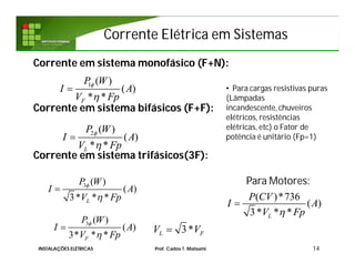 Corrente Elétrica em SistemasCorrente Elétrica em Sistemas
Corrente em sistema monofásico (F+N):
Corrente em sistema bifásicos (F+F):
Corrente em sistema trifásicos(3F):
14
1 ( )
( )
* *F
P W
I A
V Fp



2 ( )
( )
* *L
P W
I A
V Fp



3 ( )
( )
3* * *L
P W
I A
V Fp



• Para cargas resistivas puras
(Lâmpadas
incandescente, chuveiros
elétricos, resistências
elétricas, etc) o Fator de
potência é unitário (Fp=1)
( )*736
( )
3* * *L
P CV
I A
V Fp

Para Motores:
3 ( )
( )
3* * *F
P W
I A
V Fp


 3*L FV V
INSTALAÇÕES ELÉTRICAS Prof. Carlos T. Matsumi
 
