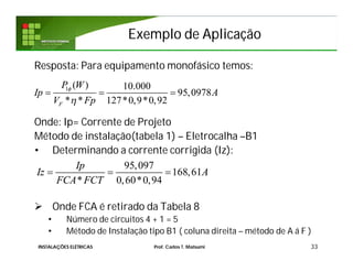 Exemplo de AplicaçãoExemplo de Aplicação
Resposta: Para equipamento monofásico temos:
Onde: Ip= Corrente de Projeto
Método de instalação(tabela 1) – Eletrocalha –B1
• Determinando a corrente corrigida (Iz):
 Onde FCA é retirado da Tabela 8
• Número de circuitos 4 + 1 = 5
• Método de Instalação tipo B1 ( coluna direita – método de A á F )
33
95,097
168,61
* 0,60*0,94
Ip
Iz A
FCA FCT
  
1 ( ) 10.000
95,0978
* * 127*0,9*0,92F
P W
Ip A
V Fp


  
INSTALAÇÕES ELÉTRICAS Prof. Carlos T. Matsumi
 