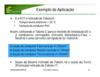Exemplo de AplicaçãoExemplo de Aplicação
 E o FCT é retirado da Tabela 6
• Temperatura ambiente = 35 °C
• Isolação do condutor PVC
Assim, utilizando a Tabela 2, para o método de instalação B1 a
2 condutores carregados (Circuito Monofásico=Fase +
Neutro) e uma corrente corrigida de Iz=168,61A.
A seção do condutor Fase será de #=70mm2
A Seção do condutor Neutro será de #=70mm2
A Seção do condutor Terra será de #=35mm2
 Seção do Neutro retirado da Tabela 16 e seção do Terra
(Proteção) retirado da Tabela 17.
34INSTALAÇÕES ELÉTRICAS Prof. Carlos T. Matsumi
 