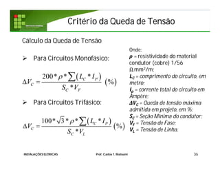 Critério da Queda de TensãoCritério da Queda de Tensão
Cálculo da Queda de Tensão
 Para Circuitos Monofásico:
 Para Circuitos Trifásico:
36
 
 
200* * *
%
*
C P
C
C F
L I
V
S V

 

 
 
100* 3* * *
%
*
C P
C
C L
L I
V
S V

 

Onde:
ρ = resistividade do material
condutor (cobre) 1/56
Ω.mm2/m;
LC = comprimento do circuito, em
metro;
Ip = corrente total do circuito em
Ampère;
ΔVC = Queda de tensão máxima
admitida em projeto, em %;
SC = Seção Mínima do condutor;
VF = Tensão de Fase;
VL = Tensão de Linha.
INSTALAÇÕES ELÉTRICAS Prof. Carlos T. Matsumi
 