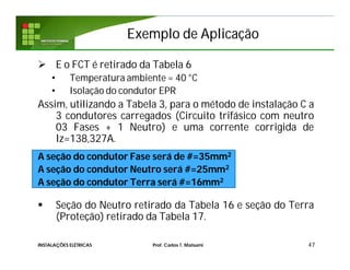 Exemplo de AplicaçãoExemplo de Aplicação
 E o FCT é retirado da Tabela 6
• Temperatura ambiente = 40 °C
• Isolação do condutor EPR
Assim, utilizando a Tabela 3, para o método de instalação C a
3 condutores carregados (Circuito trifásico com neutro
03 Fases + 1 Neutro) e uma corrente corrigida de
Iz=138,327A.
A seção do condutor Fase será de #=35mm2
A seção do condutor Neutro será #=25mm2
A seção do condutor Terra será #=16mm2
 Seção do Neutro retirado da Tabela 16 e seção do Terra
(Proteção) retirado da Tabela 17.
47INSTALAÇÕES ELÉTRICAS Prof. Carlos T. Matsumi
 