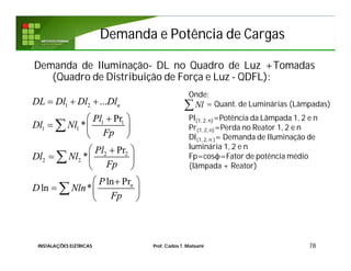 Demanda de Iluminação- DL no Quadro de Luz +Tomadas
(Quadro de Distribuição de Força e Luz - QDFL):
78
1 2
1 1
1 1
2 2
2 2
...
Pr
*
Pr
*
ln Pr
ln *
n
n
DL Dl Dl Dl
Pl
Dl Nl
Fp
Pl
Dl Nl
Fp
P
D Nln
Fp
  
 
  
 
 
  
 
 
  
 



Onde:
= Quant. de Luminárias (Lâmpadas)
Pl(1, 2, n)=Potência da Lâmpada 1, 2 e n
Pr(1, 2, n)=Perda no Reator 1, 2 e n
Dl(1, 2, n )= Demanda de Iluminação de
luminária 1, 2 e n
Fp=cosϕ=Fator de potência médio
(lâmpada + Reator)
Demanda e Potência de CargasDemanda e Potência de Cargas
Nl
INSTALAÇÕES ELÉTRICAS Prof. Carlos T. Matsumi
 