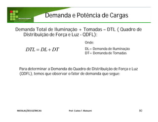Demanda Total de Iluminação + Tomadas – DTL ( Quadro de
Distribuição de Força e Luz - QDFL):
80
DTL DL DT 
Onde:
DL= Demanda de Iluminação
DT= Demanda de Tomadas
Demanda e Potência de CargasDemanda e Potência de Cargas
Para determinar a Demanda do Quadro de Distribuição de Força e Luz
(QDFL), temos que observar o fator de demanda que segue:
INSTALAÇÕES ELÉTRICAS Prof. Carlos T. Matsumi
 