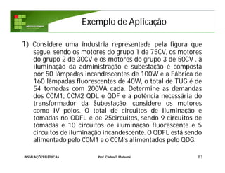Exemplo de AplicaçãoExemplo de Aplicação
1) Considere uma industria representada pela figura que
segue, sendo os motores do grupo 1 de 75CV, os motores
do grupo 2 de 30CV e os motores do grupo 3 de 50CV , a
iluminação da administração e subestação é composta
por 50 lâmpadas incandescentes de 100W e a Fábrica de
160 lâmpadas fluorescentes de 40W, o total de TUG é de
54 tomadas com 200VA cada. Determine as demandas
dos CCM1, CCM2 QDL e QDF e a potência necessária do
transformador da Subestação, considere os motores
como IV pólos. O total de circuitos de Iluminação e
tomadas no QDFL é de 25circuitos, sendo 9 circuitos de
tomadas e 10 circuitos de iluminação fluorescente e 5
circuitos de iluminação incandescente. O QDFL está sendo
alimentado pelo CCM1 e o CCM’s alimentados pelo QDG.
83INSTALAÇÕES ELÉTRICAS Prof. Carlos T. Matsumi
 
