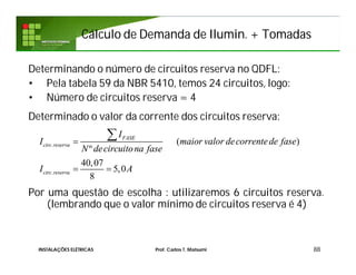 Cálculo de Demanda deCálculo de Demanda de IluminIlumin. + Tomadas. + Tomadas
88INSTALAÇÕES ELÉTRICAS Prof. Carlos T. Matsumi
Determinando o número de circuitos reserva no QDFL:
• Pela tabela 59 da NBR 5410, temos 24 circuitos, logo:
• Número de circuitos reserva = 4
Determinado o valor da corrente dos circuitos reserva:
Por uma questão de escolha : utilizaremos 6 circuitos reserva.
(lembrando que o valor mínimo de circuitos reserva é 4)
.
.
( )
º
40,07
5,0
8
FASE
circ reserva
circ reserva
I
I maior valor decorrentede fase
N decircuitona fase
I A

 

 