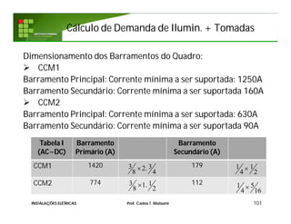Cálculo de Demanda deCálculo de Demanda de IluminIlumin. + Tomadas. + Tomadas
101INSTALAÇÕES ELÉTRICAS Prof. Carlos T. Matsumi
Dimensionamento dos Barramentos do Quadro:
 CCM1
Barramento Principal: Corrente mínima a ser suportada: 1250A
Barramento Secundário: Corrente mínima a ser suportada 160A
 CCM2
Barramento Principal: Corrente mínima a ser suportada: 630A
Barramento Secundário: Corrente mínima a ser suportada 90A
Tabela I
(AC~DC)
Barramento
Primário (A)
Barramento
Secundário (A)
CCM1 1420 179
CCM2 774 112
1 1
4 2

51
4 16

3 11.
8 2

3 32.
8 4

 
