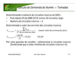 Cálculo de Demanda deCálculo de Demanda de IluminIlumin. + Tomadas. + Tomadas
117INSTALAÇÕES ELÉTRICAS Prof. Carlos T. Matsumi
Determinando o número de circuitos reserva no QDFL:
• Pela tabela 59 da NBR 5410, temos 30 circuitos, logo:
• Número de circuitos reserva = 4
Determinado o valor da corrente dos circuitos reserva:
Por uma questão de escolha : utilizaremos 6 circuitos reserva.
(lembrando que o valor mínimo de circuitos reserva é 4)
.
.
( )
º
144,02
12,0 143,64
12
FASE
circ reserva
circ reserva
I
I maior valor decorrentede fase
N decircuitona fase
I A

 

 