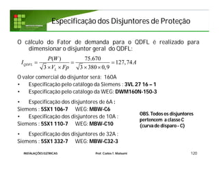 Especificação dos Disjuntores de ProteçãoEspecificação dos Disjuntores de Proteção
120INSTALAÇÕES ELÉTRICAS Prof. Carlos T. Matsumi
O cálculo do Fator de demanda para o QDFL é realizado para
dimensionar o disjuntor geral do QDFL:
O valor comercial do disjuntor será: 160A
• Especificação pelo catálogo da Siemens : 3VL 27 16 – 1
• Especificação pelo catálogo da WEG: DWM160N-150-3
• Especificação dos disjuntores de 6A :
Siemens : 5SX1 106-7 WEG: MBW-C6
• Especificação dos disjuntores de 10A :
Siemens : 5SX1 110-7 WEG: MBW-C10
• Especificação dos disjuntores de 32A :
Siemens : 5SX1 332-7 WEG: MBW-C32-3
( ) 75.670
127,74
3 3 380 0,9
QDFL
L
P W
I A
V Fp
  
   
OBS. Todos os disjuntores
pertencem a classe C
(curva de disparo- C)
 