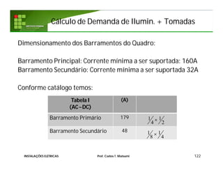 Cálculo de Demanda deCálculo de Demanda de IluminIlumin. + Tomadas. + Tomadas
122INSTALAÇÕES ELÉTRICAS Prof. Carlos T. Matsumi
Dimensionamento dos Barramentos do Quadro:
Barramento Principal: Corrente mínima a ser suportada: 160A
Barramento Secundário: Corrente mínima a ser suportada 32A
Conforme catálogo temos:
Tabela I
(AC~DC)
(A)
Barramento Primário 179
Barramento Secundário 48 1 1
8 4

1 1
4 2

 