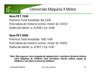 Conversão Máquina X MotorConversão Máquina X Motor
141
Nove PET 1500
Potência Total Instalada: 86,3 kW
Pela tabela de motores temos: motor de 125CV
Dados da tabela: η=0,938 e Fp=0,86
Nove PET 2000
Potência Total Instalada: 108,1 kW
Pela tabela de motores temos: motor de 150CV
Dados da tabela: η=0,941 e Fp=0,87
*Nota: Não esquecer a área ocupada do equipamento e considerar distância mínima
entre Máquinas de 1500mm. Para corredores laterais utilizar espaço de
2000mm e corredores Centrais de 3000mm.
INSTALAÇÕES ELÉTRICAS Prof. Carlos T. Matsumi
 