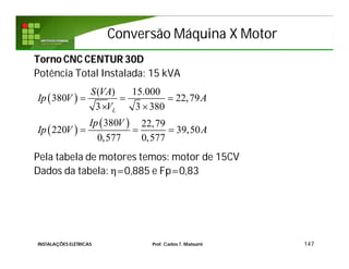 Conversão Máquina X MotorConversão Máquina X Motor
147
Torno CNC CENTUR 30D
Potência Total Instalada: 15 kVA
Pela tabela de motores temos: motor de 15CV
Dados da tabela: η=0,885 e Fp=0,83
INSTALAÇÕES ELÉTRICAS Prof. Carlos T. Matsumi
 
 
 
( ) 15.000
380 22,79
3 3 380
380 22,79
220 39,50
0,577 0,577
L
S VA
Ip V A
V
Ip V
Ip V A
  
 
  
 