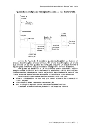 Instalações Elétricas – Professor Luiz Henrique Alves Pazzini

Figura 3: Esquema típico de instalação alimentada por rede de alta tensão.
Ponto de
entrega
Ramal de
entrada (AT)

Transformador
Quadro
terminal

Origem
Medição

Quadro de
distribuição
Circuitos
terminais
Circuito de
distribuição
principal

Circuito de
distribuição
divisionário

Quadro de
distribuição

Através das Figuras 2 e 3, percebe-se que os circuitos podem ser divididos em
circuitos de distribuição e circuitos terminais. Um circuito de distribuição é um circuito
que alimenta um ou mais quadros de distribuição, enquanto um circuito terminal é
aquele ligado diretamente a equipamentos de utilização e/ou tomadas de corrente.
Um quadro de distribuição é um equipamento elétrico destinado a receber
energia elétrica de uma ou mais alimentação e distribui-lá a um ou mais circuitos,
podendo também desempenhar tarefas de proteção, seccionamento e medição. Um
quadro terminal é aquele destinado a alimentar exlcusivamente circuitos terminais.
Uma instalação elétrica deve ser dividida em vários circuitos, pois:
• limita as consequências de uma falta, pois haverá apenas o seccionamento do
circuito atingido;
• facilita as verificações, os ensaios e a manutenção;
• evita os perigos que podem resultar das falhas de um circuito único.
A Figura 4 mostra uma instalação elétrica com divisão de circuitos.

Faculdades Integradas de São Paulo - FISP

3

 