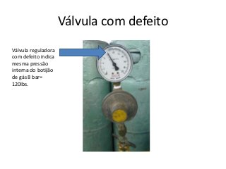 Válvula com defeito
Válvula reguladora
com defeito indica
mesma pressão
interna do botijão
de gás 8 bar=
120lbs.
 