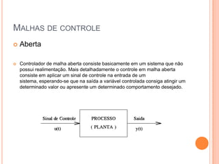 Malhas de controleAberta	Isso quer dizer que em um sistema de controle de malha aberta o sinal de saída não é medido nem realimentado para comparação com a entrada.A saída não exerce nenhuma ação de controle no sistema.Características:	Sistema em geral simples e barato, pois não envolvem equipamentos sofisticados para a medição e determinação de controle.