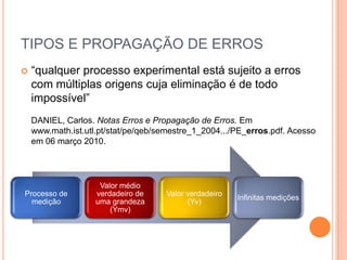 TIPOS E PROPAGAÇÃO DE ERROS“qualquer processo experimental está sujeito a erros com múltiplas origens cuja eliminação é de todo impossível”DANIEL, Carlos. Notas Erros e Propagação de Erros. Em www.math.ist.utl.pt/stat/pe/qeb/semestre_1_2004.../PE_erros.pdf. Acesso em 06 março 2010.