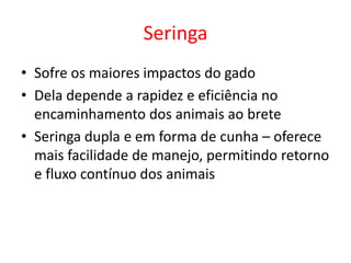 Seringa 
• Sofre os maiores impactos do gado 
• Dela depende a rapidez e eficiência no 
encaminhamento dos animais ao brete 
• Seringa dupla e em forma de cunha – oferece 
mais facilidade de manejo, permitindo retorno 
e fluxo contínuo dos animais 
 