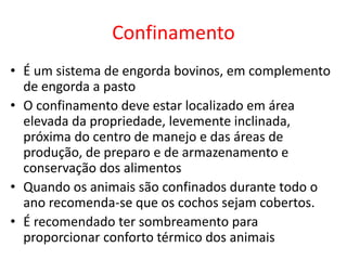 Confinamento 
• É um sistema de engorda bovinos, em complemento 
de engorda a pasto 
• O confinamento deve estar localizado em área 
elevada da propriedade, levemente inclinada, 
próxima do centro de manejo e das áreas de 
produção, de preparo e de armazenamento e 
conservação dos alimentos 
• Quando os animais são confinados durante todo o 
ano recomenda-se que os cochos sejam cobertos. 
• É recomendado ter sombreamento para 
proporcionar conforto térmico dos animais 
 