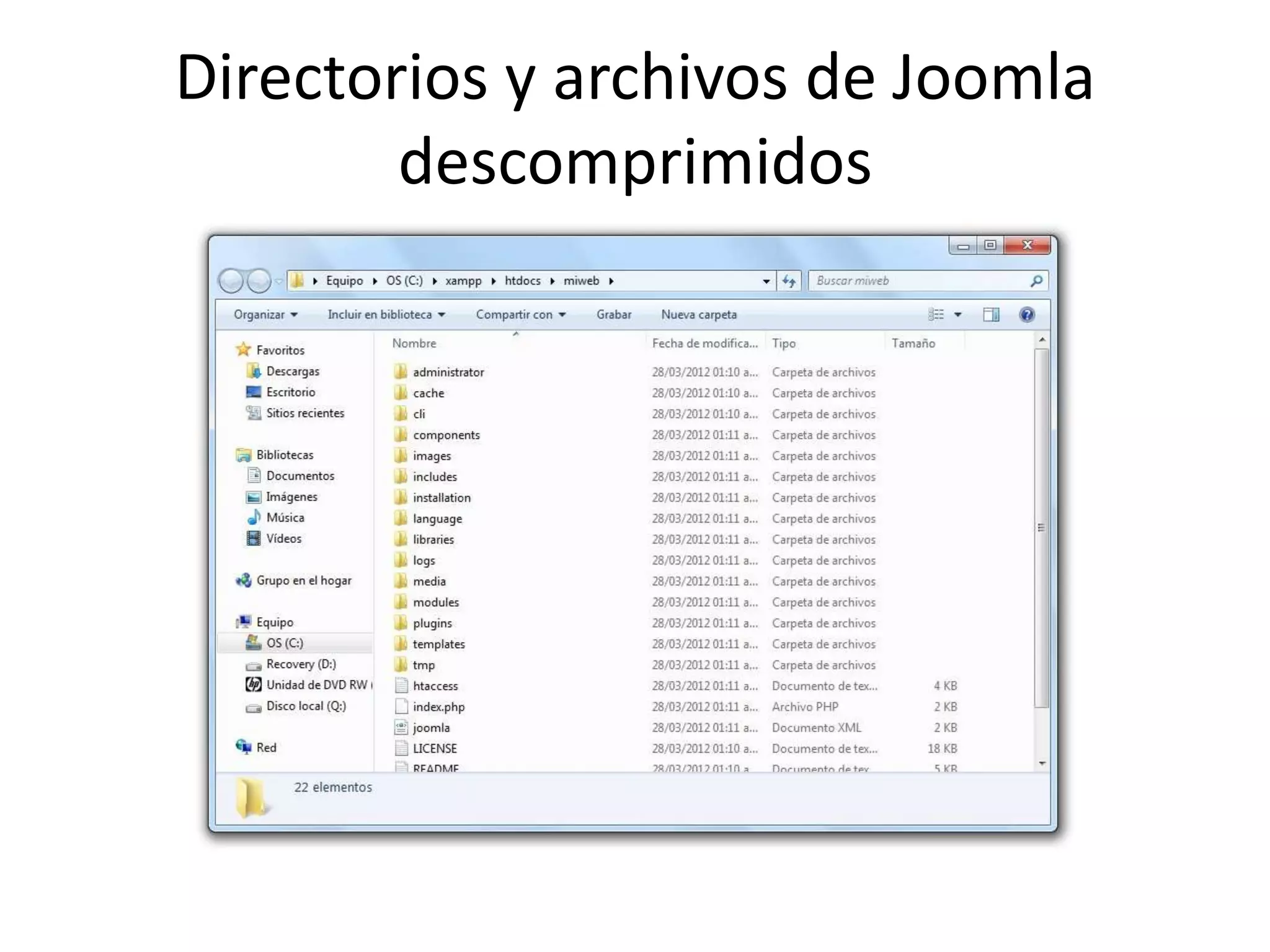 Directorios y archivos de Joomla
        descomprimidos
 