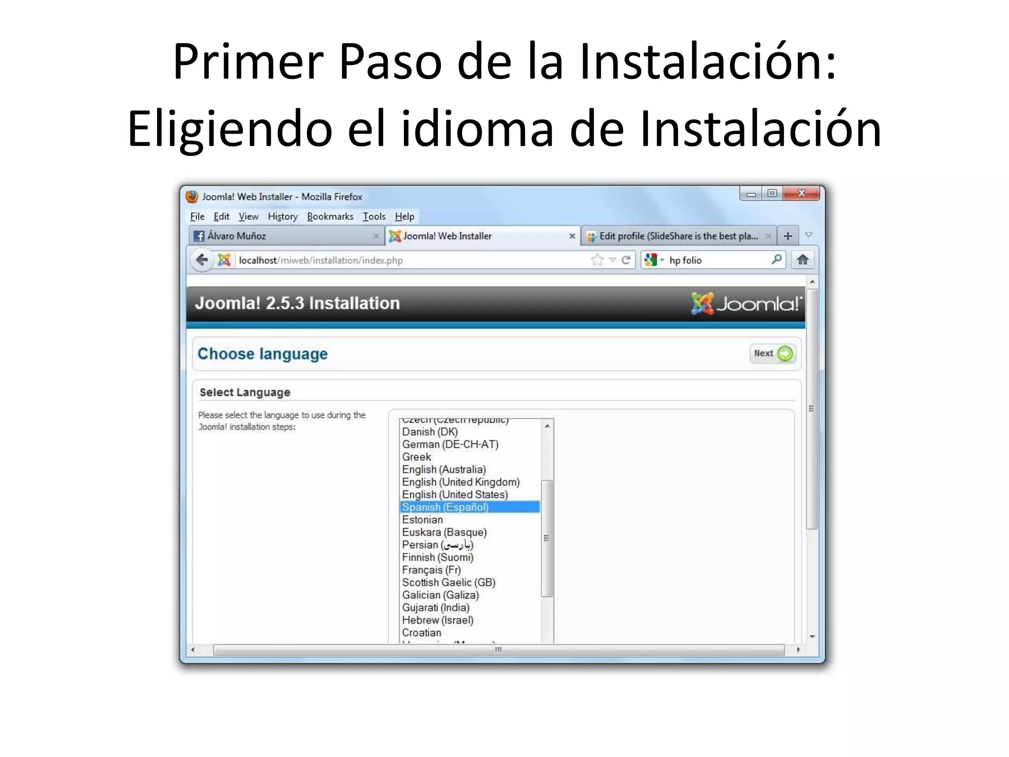 Primer Paso de la Instalación:
Eligiendo el idioma de Instalación
 