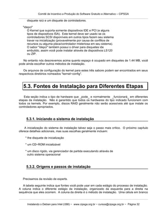 Comitê de Incentivo a Produção do Software Gratuito e Alternativo – CIPSGA

      disquete raíz e um disquete de controladores.

   "idepci"
       O Kernel que suporta somente dispositivos IDE e PCI (e alguns
       tipos de dispositivos ISA). Este kernel deve ser usado se os
       controladores SCSI disponíveis em outros tipos fazem seu sistema
       travar na inicialização (provavelmente por causa de conflitos de
       recursos ou alguma placa/controlador misteriosa em seu sistema).
       O sabor "idepci" também possui o driver para disquetes ide
       embutido, assim você pode instalar através de dispositivos LS120
       ou ZIP.

   No entanto nós descrevemos acima quanto espaço é ocupado em disquetes de 1.44 MB, você
pode ainda escolher outros métodos de instalação.

   Os arquivos de configuração do kernel para estes três sabore podem ser encontrados em seus
respectivos diretórios nomeados "kernel−config".



   5.3. Fontes de Instalação para Diferentes Etapas
    Esta seção indica o tipo de hardware que _pode_ e normalmente _funcionará_ em diferentes
etapas da instalação. Não é garantido que todos os hardwares do tipo indicado funcionem com
todos os kernels. Por exemplo, discos RAID geralmente não serão acessíveis até que instale os
controladores apropriados.



     5.3.1. Iniciando o sistema de instalação

    A inicialização do sistema de instalação talvez seja o passo mais crítico. O próximo capítulo
oferece detalhes adicionais, mas suas escolhas geralmente incluem:

    * the disquete de inicialização

    * um CD−ROM inicializável

    * um disco rígido, via gerenciador de partida executando através de
      outro sistema operacional



     5.3.2. Origens e passos de instalação


   Precisamos da revisão de experts.

   A tabela seguinte indica que fontes você pode usar em cada estágio do processo de instalação.
A coluna indica o diferente estágio da instalação, organizado da esquerda para a direita na
sequência que eles ocorrem. A coluna da direita é o método de instalação. Uma célula em branco



      Instalando o Debian para Intel (i386) − www.cipsga.org.br − cursos@cipsga.org.br − Página 32
 
