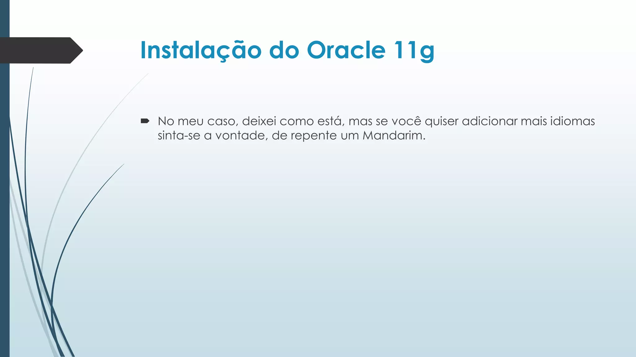 Instalação do Oracle 11g

 No meu caso, deixei como está, mas se você quiser adicionar mais idiomas
  sinta-se a vontade, de repente um Mandarim.
 