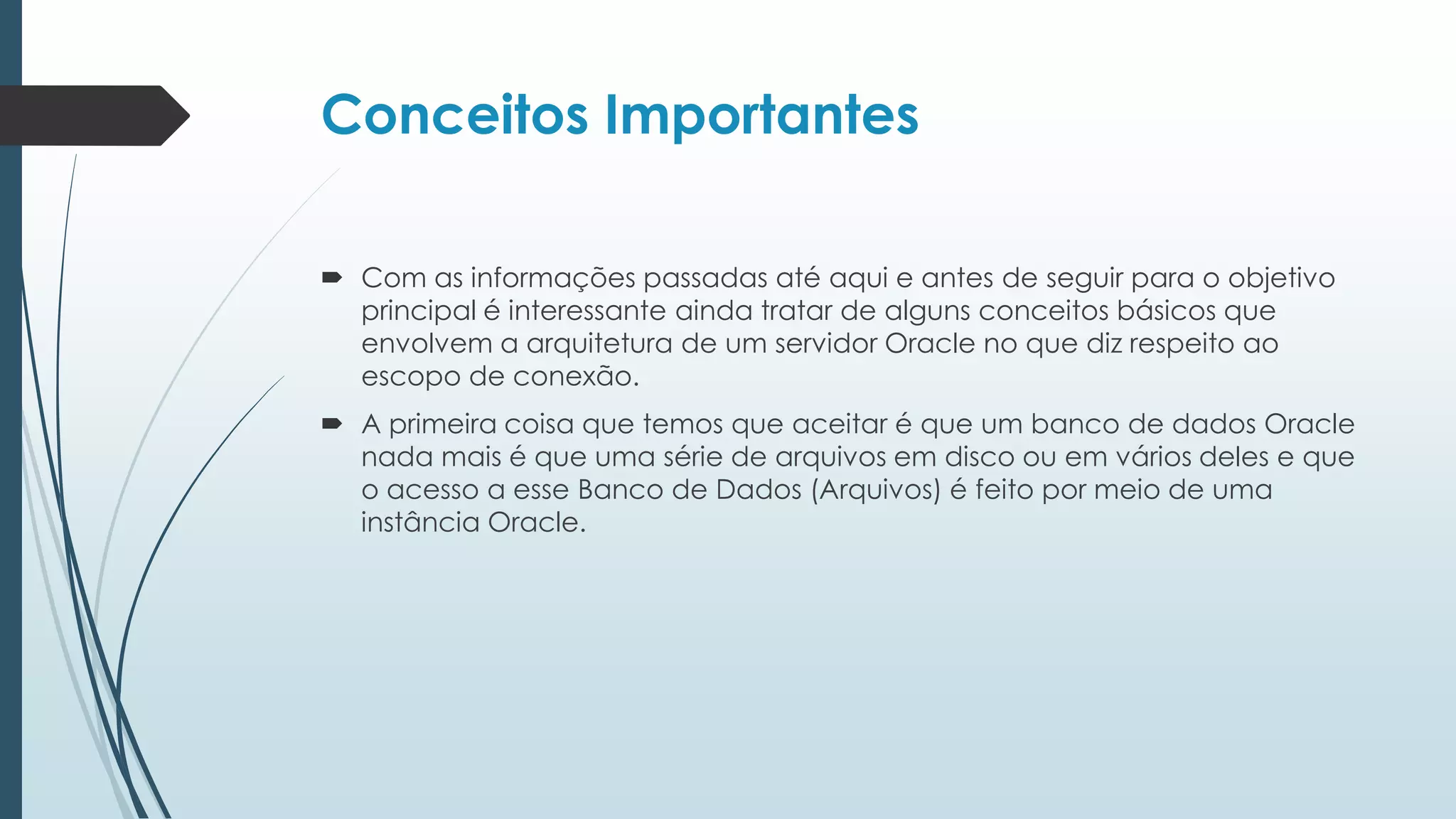 Conceitos Importantes

 Com as informações passadas até aqui e antes de seguir para o objetivo
  principal é interessante ainda tratar de alguns conceitos básicos que
  envolvem a arquitetura de um servidor Oracle no que diz respeito ao
  escopo de conexão.
 A primeira coisa que temos que aceitar é que um banco de dados Oracle
  nada mais é que uma série de arquivos em disco ou em vários deles e que
  o acesso a esse Banco de Dados (Arquivos) é feito por meio de uma
  instância Oracle.
 