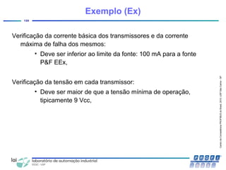 CentrodeCompetênciaPROFIBUSdoBrasil,2010,USPSãoCarlos-SP
120
Verificação da corrente básica dos transmissores e da corrente
máxima de falha dos mesmos:
• Deve ser inferior ao limite da fonte: 100 mA para a fonte
P&F EEx,
Verificação da tensão em cada transmissor:
• Deve ser maior de que a tensão mínima de operação,
tipicamente 9 Vcc,
Exemplo (Ex)
 
