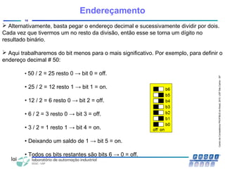 CentrodeCompetênciaPROFIBUSdoBrasil,2010,USPSãoCarlos-SP
16
Endereçamento
 Alternativamente, basta pegar o endereço decimal e sucessivamente dividir por dois.
Cada vez que tivermos um no resto da divisão, então esse se torna um dígito no
resultado binário.
 Aqui trabalharemos do bit menos para o mais significativo. Por exemplo, para definir o
endereço decimal # 50:
• 50 / 2 = 25 resto 0 → bit 0 = off.
• 25 / 2 = 12 resto 1 → bit 1 = on.
• 12 / 2 = 6 resto 0 → bit 2 = off.
• 6 / 2 = 3 resto 0 → bit 3 = off.
• 3 / 2 = 1 resto 1 → bit 4 = on.
• Deixando um saldo de 1 → bit 5 = on.
• Todos os bits restantes são bits 6 → 0 = off.
 