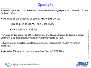 CentrodeCompetênciaPROFIBUSdoBrasil,2010,USPSãoCarlos-SP
18
Operação
 A rede opera em uma determinada taxa de comunicação (também chamado bit rate
ou baud rate).
 As taxas de comunicação do padrão PROFIBUS DP são:
• 9.6, 19.2, 45.45, 93.75, 187.5 e 500 Kbit/s,
• 1.5, 3.0, 6.0 e 12.0 Mbit/s.
 A maioria dos escravos DP modernos suporta todas as taxas de dados, e ainda
detectam e se ajustam automaticamente à velocidade da rede.
 Muito raramente a taxa de dados precisa ser definida nas opções do próprio
dispositivo.
 As redes PA sempre operam a uma taxa fixa de 31.25 Kbit/s
 