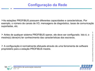 CentrodeCompetênciaPROFIBUSdoBrasil,2010,USPSãoCarlos-SP
23
Configuração da Rede
As estações PROFIBUS possuem diferentes capacidades e características. Por
exemplo, o número de canais de I/O, mensagens de diagnóstico, taxas de comunicação
suportadas, etc.
 Antes de qualquer sistema PROFIBUS operar, ele deve ser configurado. Isto é, o
mestre(s) deve(m) ter conhecimento das características dos escravos.
 A configuração é normalmente efetuada através de uma ferramenta de software
proprietário para a estação PROFIBUS mestre.
 