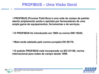 CentrodeCompetênciaPROFIBUSdoBrasil,2010,USPSãoCarlos-SP
3
PROFIBUS – Uma Visão Geral
PROFIBUS (Process Field Bus) é uma rede de campo de padrão
aberto amplamente aceita e apoiada por fornecedores de uma
ampla gama de equipamentos, ferramentas e de serviços.
O PROFIBUS foi introduzido em 1989 na norma DIN 19245.
Mais tarde adotado pela norma européia EN 50170.
O padrão PROFIBUS está incorporado na IEC 61158, norma
internacional para redes de campo desde 1999.
 