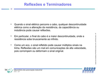 CentrodeCompetênciaPROFIBUSdoBrasil,2010,USPSãoCarlos-SP
51
Reflexões e Terminadores
• Quando o sinal elétrico percorre o cabo, qualquer descontinuidade
elétrica como a alteração da resistência, da capacitância ou
indutância pode causar reflexões.
• Em particular, o final do cabo é a maior descontinuidade, onde a
resistência sobe bruscamente ao infinito.
• Como um eco, o sinal refletido pode causar múltiplos sinais na
linha. Reflexões são um mal em comunicações de alta velocidade,
pois corrompem ou deformam o sinal original.
 