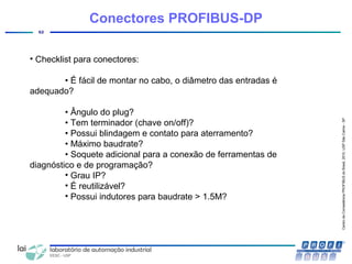 CentrodeCompetênciaPROFIBUSdoBrasil,2010,USPSãoCarlos-SP
62
Conectores PROFIBUS-DP
• Checklist para conectores:
• É fácil de montar no cabo, o diâmetro das entradas é
adequado?
• Ângulo do plug?
• Tem terminador (chave on/off)?
• Possui blindagem e contato para aterramento?
• Máximo baudrate?
• Soquete adicional para a conexão de ferramentas de
diagnóstico e de programação?
• Grau IP?
• É reutilizável?
• Possui indutores para baudrate > 1.5M?
 