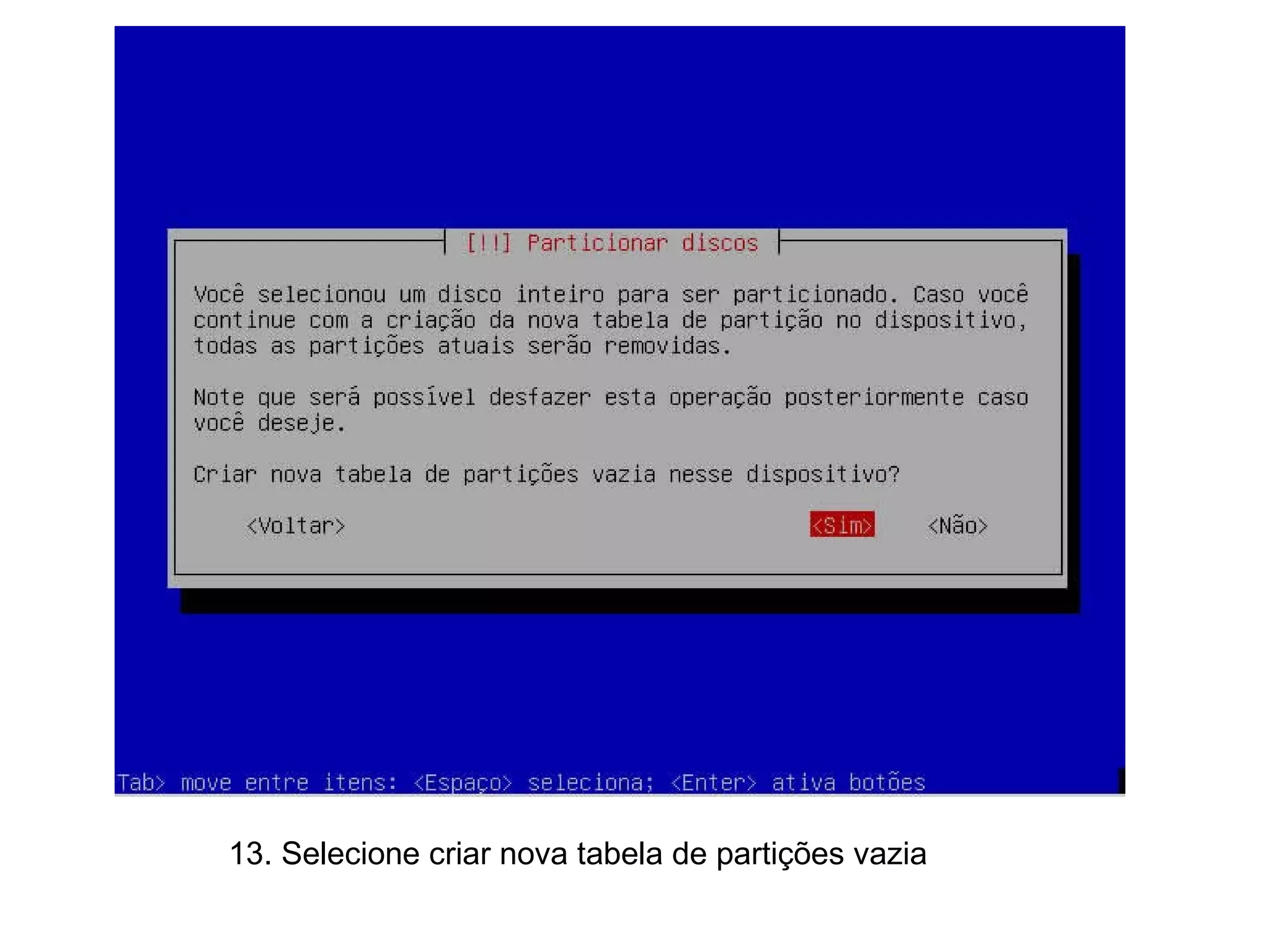 13. Selecione criar nova tabela de partições vazia  