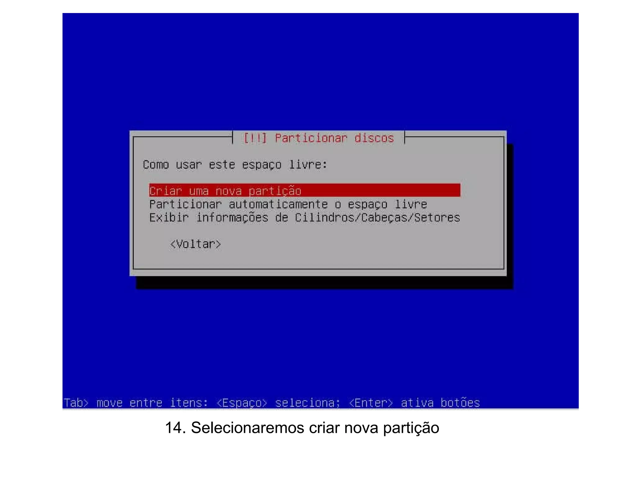 14. Selecionaremos criar nova partição  