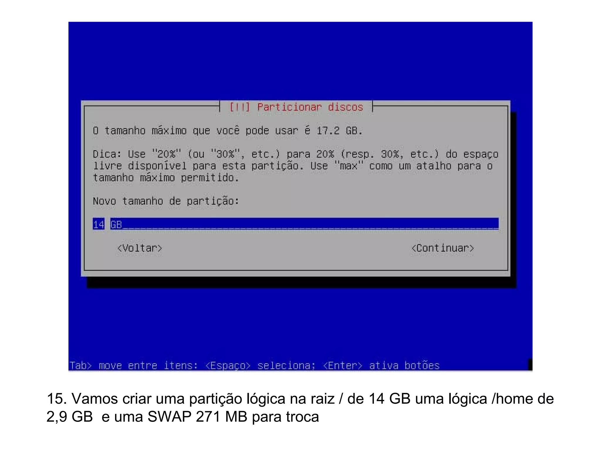 15. Vamos criar uma partição lógica na raiz / de 14 GB uma lógica /home de  2,9 GB  e uma SWAP 271 MB para troca  