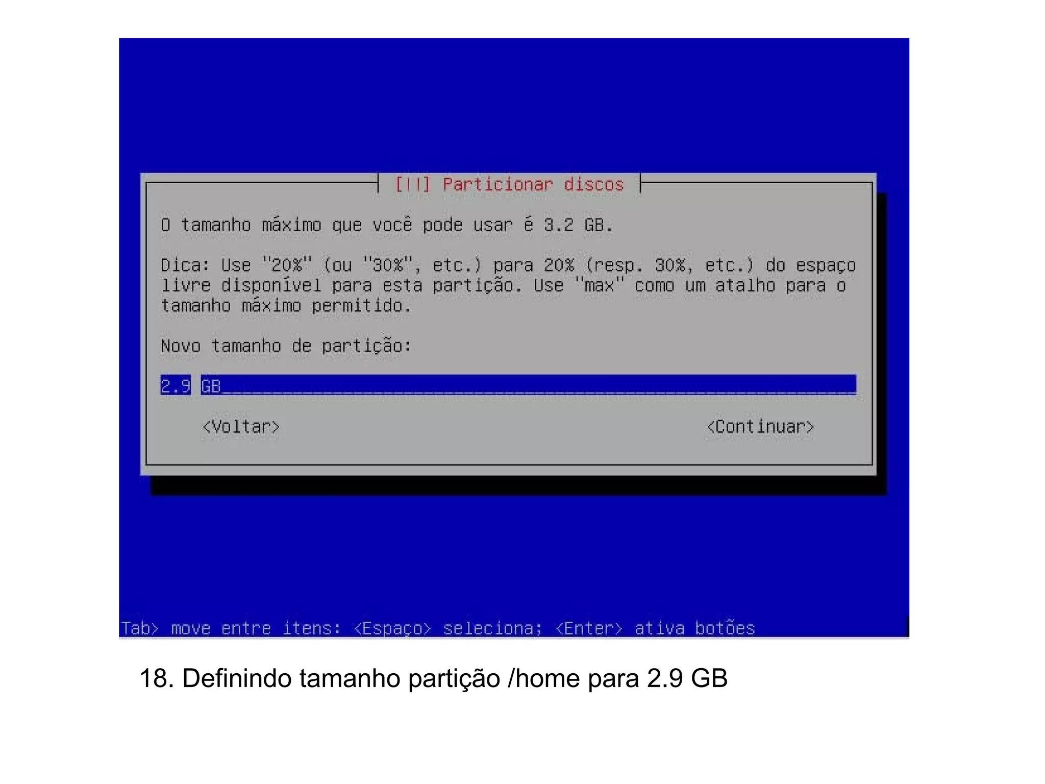 18. Definindo tamanho partição /home para 2.9 GB  
