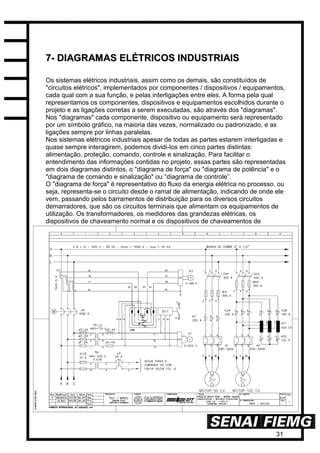 31
77-- DDIIAAGGRRAAMMAASS EELLÉÉTTRRIICCOOSS IINNDDUUSSTTRRIIAAIISS
Os sistemas elétricos industriais, assim como os demais, são constituídos de
"circuitos elétricos", implementados por componentes / dispositivos / equipamentos,
cada qual com a sua função, e pelas interligações entre eles. A forma pela qual
representamos os componentes, dispositivos e equipamentos escolhidos durante o
projeto e as ligações corretas a serem executadas, são através dos "diagramas".
Nos "diagramas" cada componente, dispositivo ou equipamento será representado
por um símbolo gráfico, na maioria das vezes, normalizado ou padronizado, e as
ligações sempre por linhas paralelas.
Nos sistemas elétricos industriais apesar de todas as partes estarem interligadas e
quase sempre interagirem, podemos dividi-los em cinco partes distintas:
alimentação, proteção, comando, controle e sinalização. Para facilitar o
entendimento das informações contidas no projeto, essas partes são representadas
em dois diagramas distintos, o "diagrama de força" ou "diagrama de potência" e o
"diagrama de comando e sinalização" ou “diagrama de controle”.
O "diagrama de força" é representativo do fluxo da energia elétrica no processo, ou
seja, representa-se o circuito desde o ramal de alimentação, indicando de onde ele
vem, passando pelos barramentos de distribuição para os diversos circuitos
demarradores, que são os circuitos terminais que alimentam os equipamentos de
utilização. Os transformadores, os medidores das grandezas elétricas, os
dispositivos de chaveamento normal e os dispositivos de chaveamentos de
 