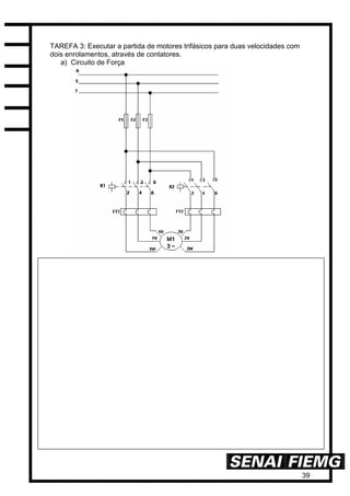 39
TAREFA 3: Executar a partida de motores trifásicos para duas velocidades com
dois enrolamentos, através de contatores.
a) Circuito de Força
 
