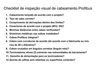 Checklist de inspeção visual de cabeamento Profibus
1. Cabeamento lançado de acordo com o projeto?
2. Tipo de cabo correto?
3. Comprimento de derivações dentro dos limites?
4. Conectores de acordo com o projeto (M12, D9)?
5. Mínimas distâncias entre cabos verificadas?
6. Divisórias metálicas nas calhas instaladas?
7. Cabos Profibus íntegros?
8. Cabos com curvaturas de acordo (de acordo com o fabricante ou min.
raio de 20 x diâmetro)?
9. Cabos cruzados em ângulos corretos (ângulo reto)?
10.Terminadores ativos (2) somente nas extremidades do barramento?
11. Garantia de alimentação para os terminadores?
12.Quinas de calhas sem rebarbas ou superfícies cortantes?
 