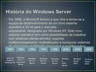 • Em 1988, a Microsoft formou a que viria a tornar-se a
  equipa de desenvolvimento de um novo sistema
  operativo a 32 bit para o mercado
  empresarial, designado por Windows NT. Este novo
  sistema operativo tem como possibilidade de trabalhar
  com sistemas cliente-servidor, suportar
  multiprocessamento, multiutilizador e incorporar sistemas
  de segurança, multitarefa preemptiva e multithreading.
  1988      1993       1994     1995      1996       2000     2003      2008


 Início do Windows
                      Windows   Windows   Windows   Window   Windows   Windows
 Projecto   NT 3.1
                       NT 3.5   NT 3.51    NT 4.0   s        Server    Server
Windows NT Advanced    Server    Server    Server   2000     2003
            Server                                                     2008
                                                    Server
 