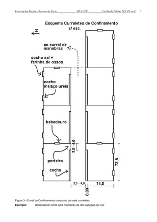 Construções Rurais – Bovinos de Corte DEA-UFV Cecília de Fátima SOUZA et al.
Figura 3 –Curral de Confinamento composto por sete curraletes.
Exemplo: Dimensionar curral para manobras de 300 cabeças por vez
7
 