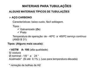 ASTM A- 106 (alta qualidade)
S/ costura
Ø nominal - 1/8 “ a 24 “
Acalmado* (Si até 0,1% ), (uso para temperatura elevada)
* remoção de bolhas de H2
MATERIAIS PARA TUBULAÇÕES
ALGUNS MATERIAIS TÍPICOS DE TUBULAÇÕES
 AÇO CARBONO
Características: baixo custo, fácil soldagem.
Tipos :
 Galvanizado (Zn)
 Preto
Temperatura de operação: de - 40ºC a 450ºC serviço contínuo
(ANSI B 31)
Tipos: (Alguns mais usuais):
 