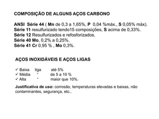 COMPOSIÇÃO DE ALGUNS AÇOS CARBONO
ANSI Série 44 ( Mn de 0,3 a 1,65%, P 0,04 %máx., S 0,05% máx).
Série 11 resulfurizado tendo15 composições, S acima de 0,33%.
Série 12 Resulfurizados e refosforizados.
Série 40 Mo, 0,2% a 0,25%.
Série 41 Cr 0,95 % , Mo 0,3%.
AÇOS INOXIDÁVEIS E AÇOS LIGAS
 Baixa liga até 5%
 Média “ de 5 a 10 %
 Alta “ maior que 10%.
Justificativa de uso: corrosão, temperaturas elevadas e baixas, não
contaminantes, segurança, etc..
 