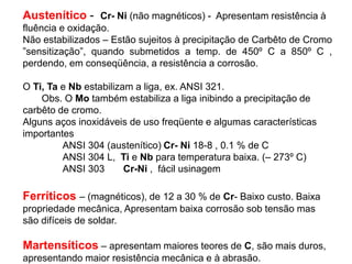 Austenítico - Cr- Ni (não magnéticos) - Apresentam resistência à
fluência e oxidação.
Não estabilizados – Estão sujeitos à precipitação de Carbêto de Cromo
”sensitização”, quando submetidos a temp. de 450º C a 850º C ,
perdendo, em conseqüência, a resistência a corrosão.
O Ti, Ta e Nb estabilizam a liga, ex. ANSI 321.
Obs. O Mo também estabiliza a liga inibindo a precipitação de
carbêto de cromo.
Alguns aços inoxidáveis de uso freqüente e algumas características
importantes
ANSI 304 (austenítico) Cr- Ni 18-8 , 0.1 % de C
ANSI 304 L, Ti e Nb para temperatura baixa. (– 273º C)
ANSI 303 Cr-Ni , fácil usinagem
Ferríticos – (magnéticos), de 12 a 30 % de Cr- Baixo custo. Baixa
propriedade mecânica, Apresentam baixa corrosão sob tensão mas
são difíceis de soldar.
Martensíticos – apresentam maiores teores de C, são mais duros,
apresentando maior resistência mecânica e à abrasão.
 